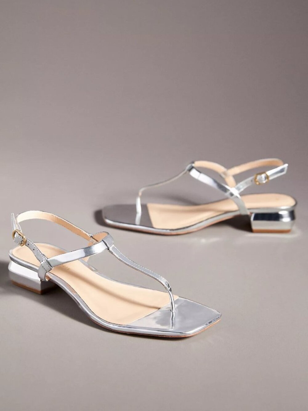 NEW Anthropologie Shiny Silver Thong Sandal with Ankle Strap Size 6